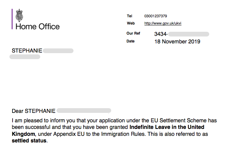 A image of an example Home Office Letter about the EU Settlement Scheme