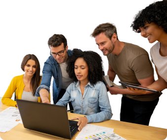 A group of people gathered around a person using a laptop