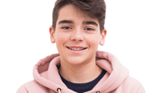 A young student wearing a pink hoodie