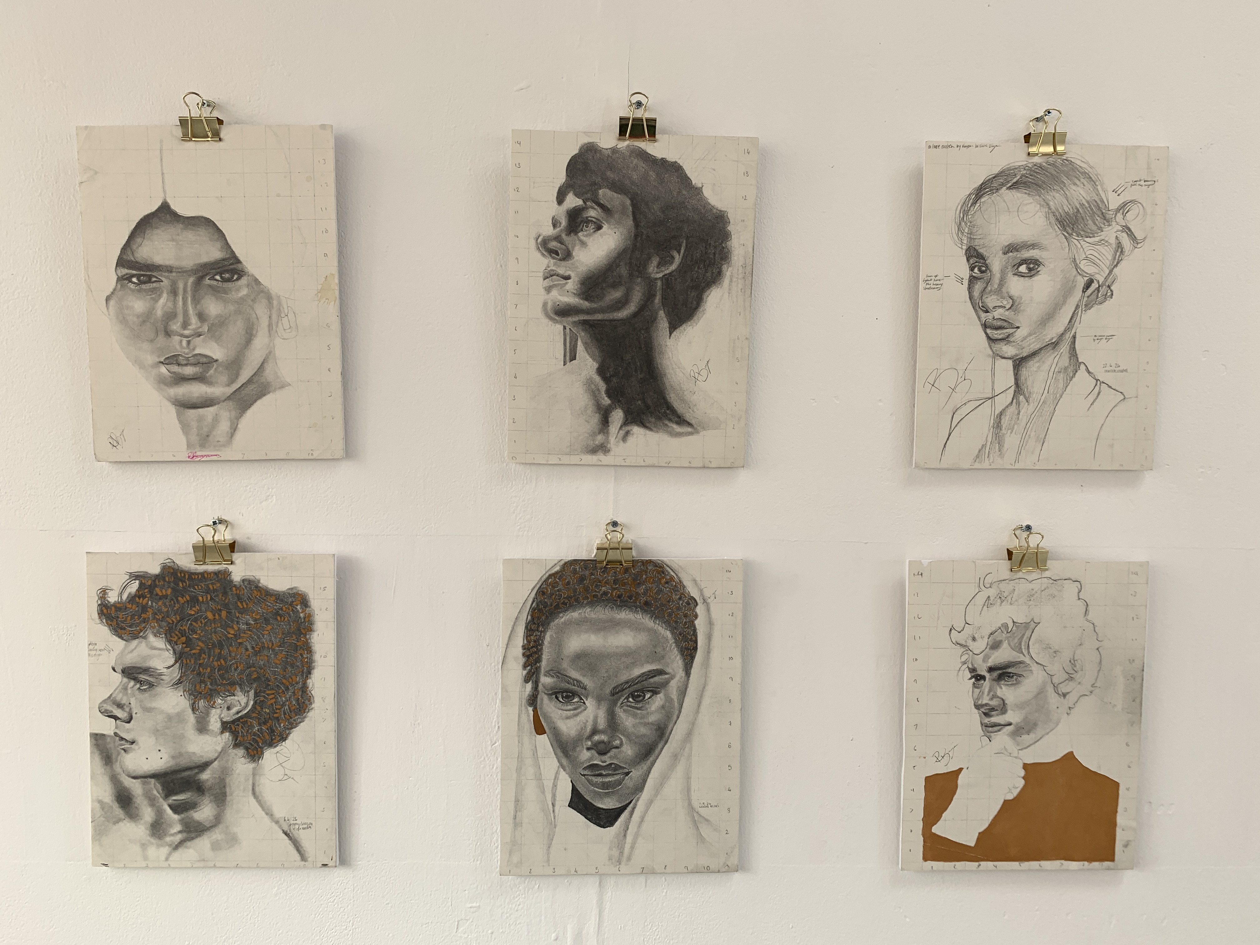 6 portraits in mainly black and white