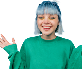 A female student in a green jumper and blue hair