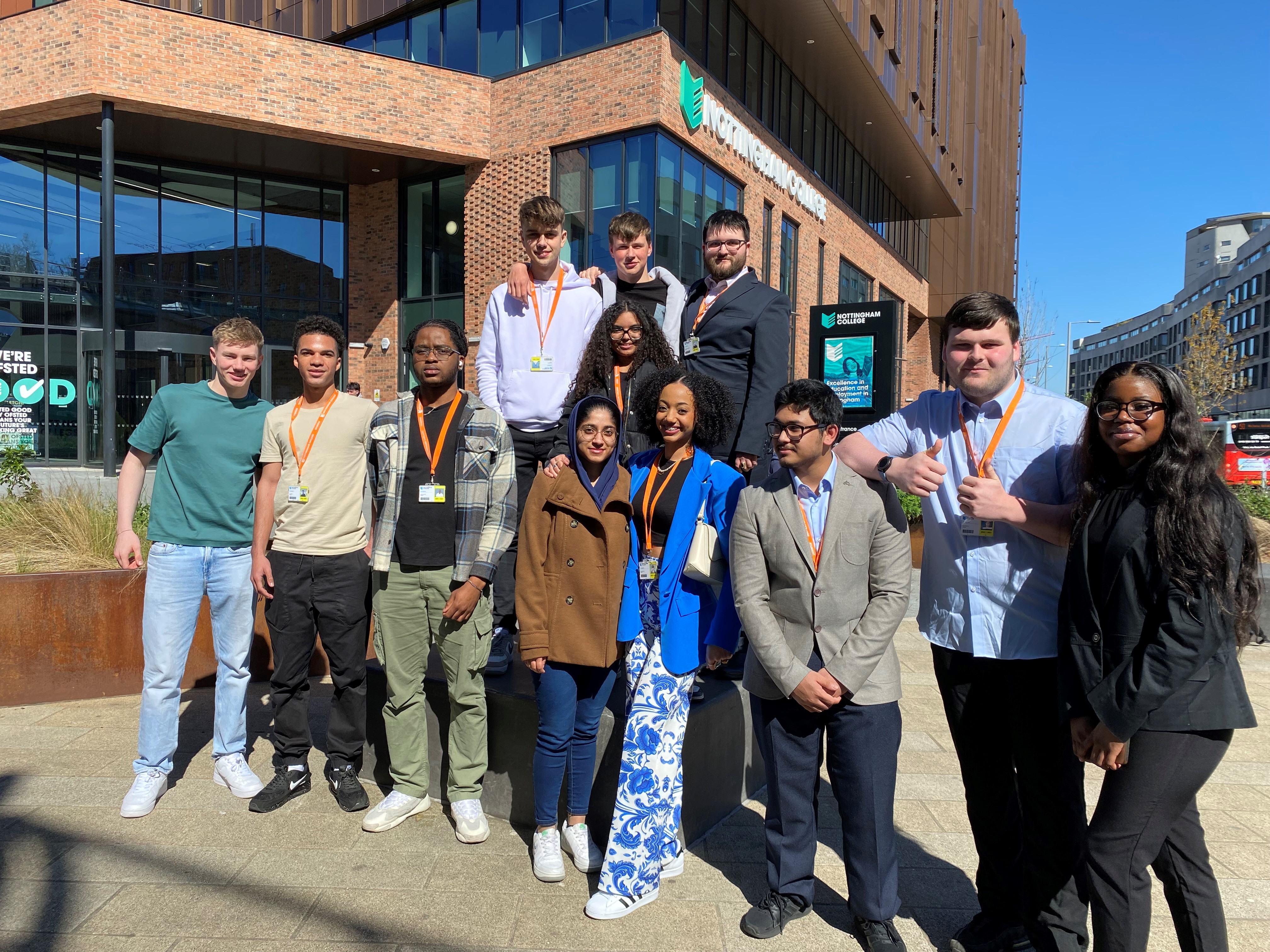 A group of students outside the City Hub.