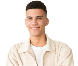 A young man with short hair and a cream jacket and white T-shirt
