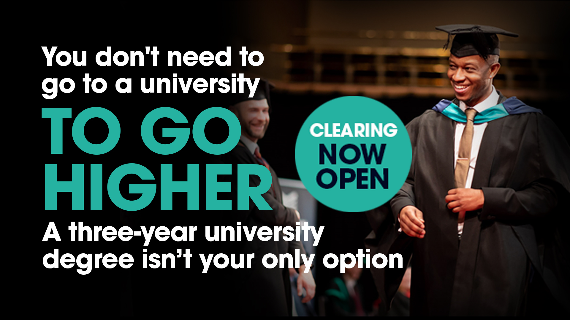 HE Clearing Web Banner. Student collecting degree. 1920x1080