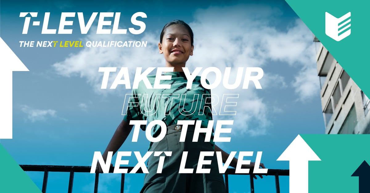 An image of a person standing above looking down at the camera. Blue skies behind and the works 'T Levels Take Your Future To The Next Level' over the top.