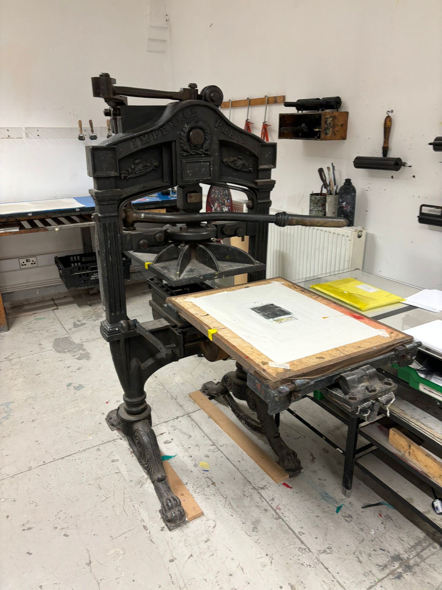 Photo of a Victorian printing press in a classroom