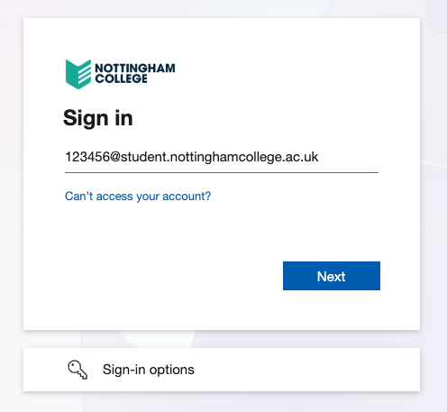Nottingham College Microsoft Entra single sign-on displaying the sign-in field for email address.