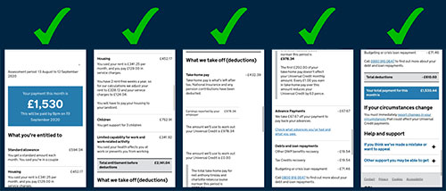 Screenshots of the correct universal credit evidence