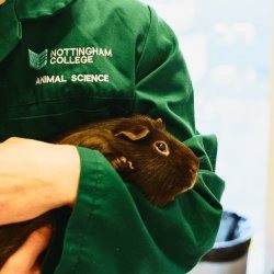 An Animal Care lecturer holding an animal in their arms