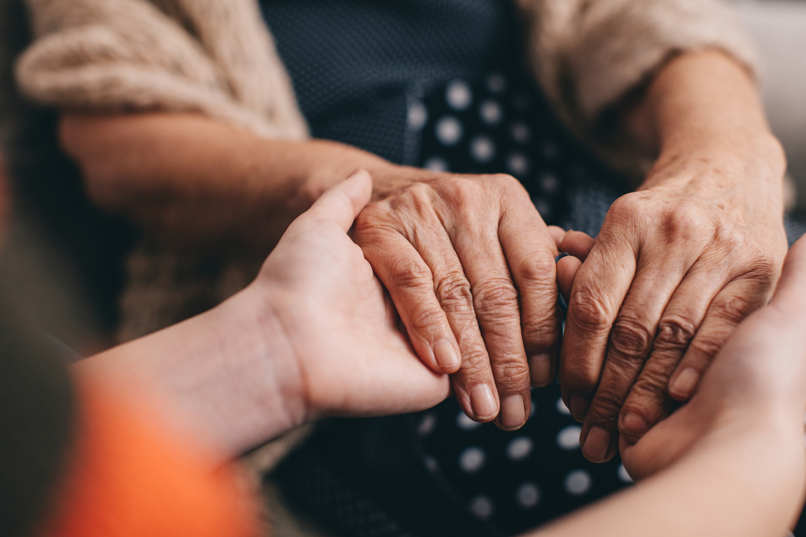 close up of a pair of hands from an older person holding the hands of a younger person