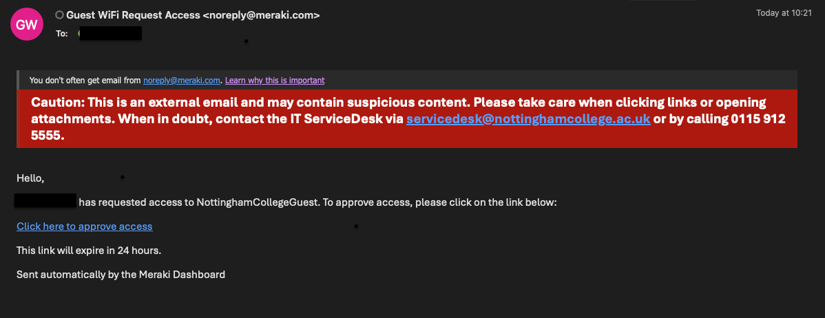 Guest WiFi Request Access email with approval link
