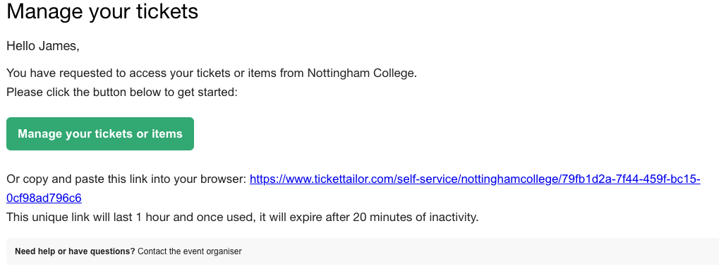 Manage your tickets email example from Ticket Tailor