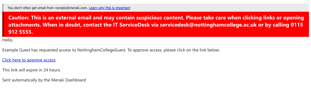 Example Meraki WiFi access approval message