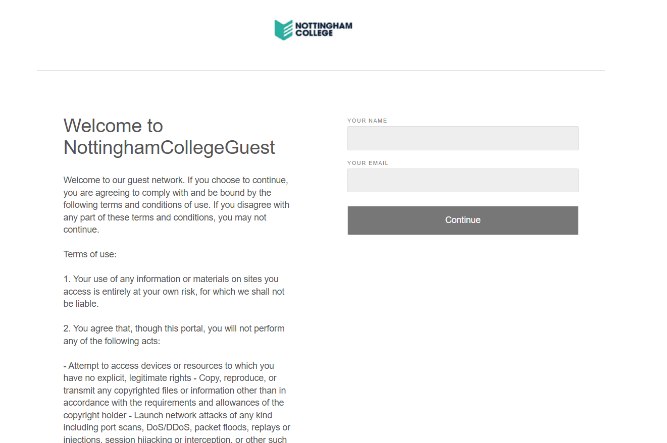 Guest WiFi secure portal Your Name and Email fields