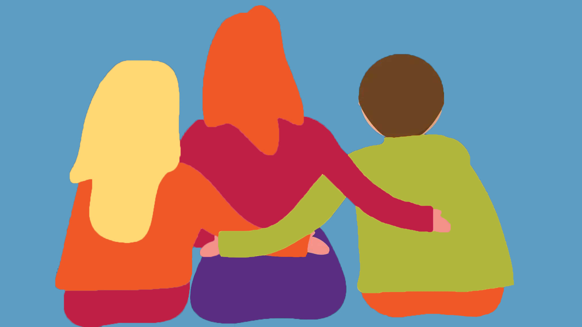 Three people shown from behind with arms around one another's shoulders