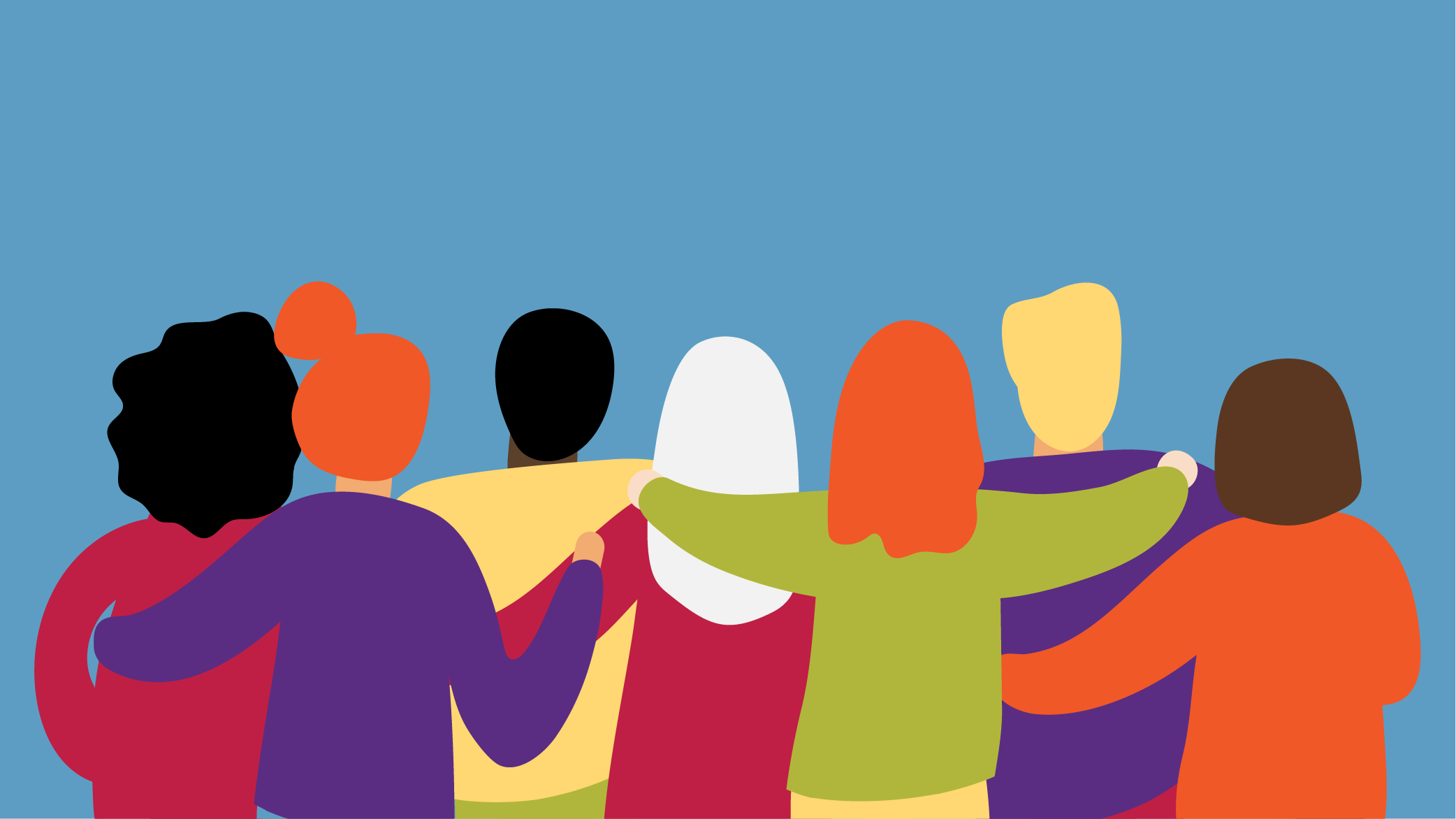 Simple colorful image showing a group of people from behind, embracing