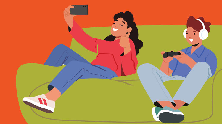 Kids taking selfie and playing video games on couch