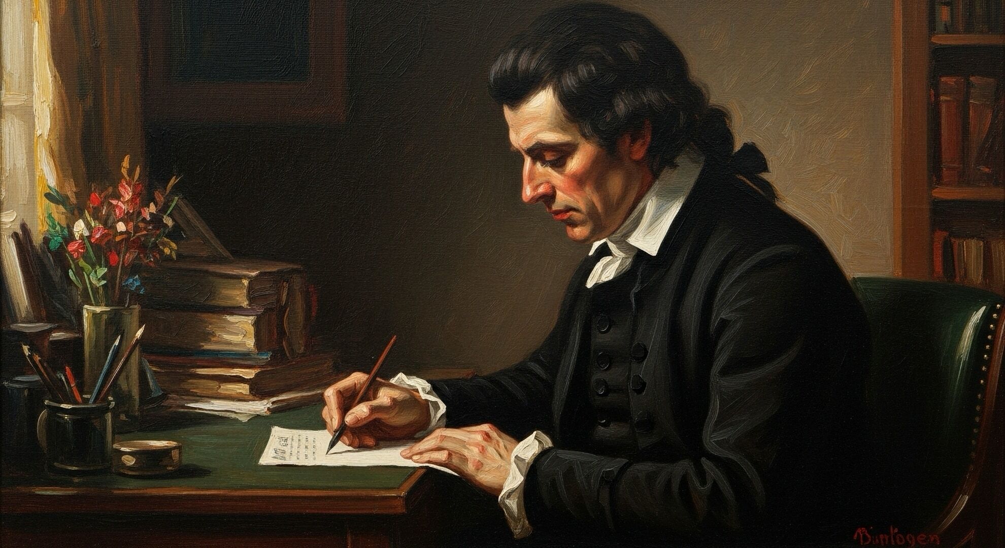 An oil painting of a 19th century man penning a letter