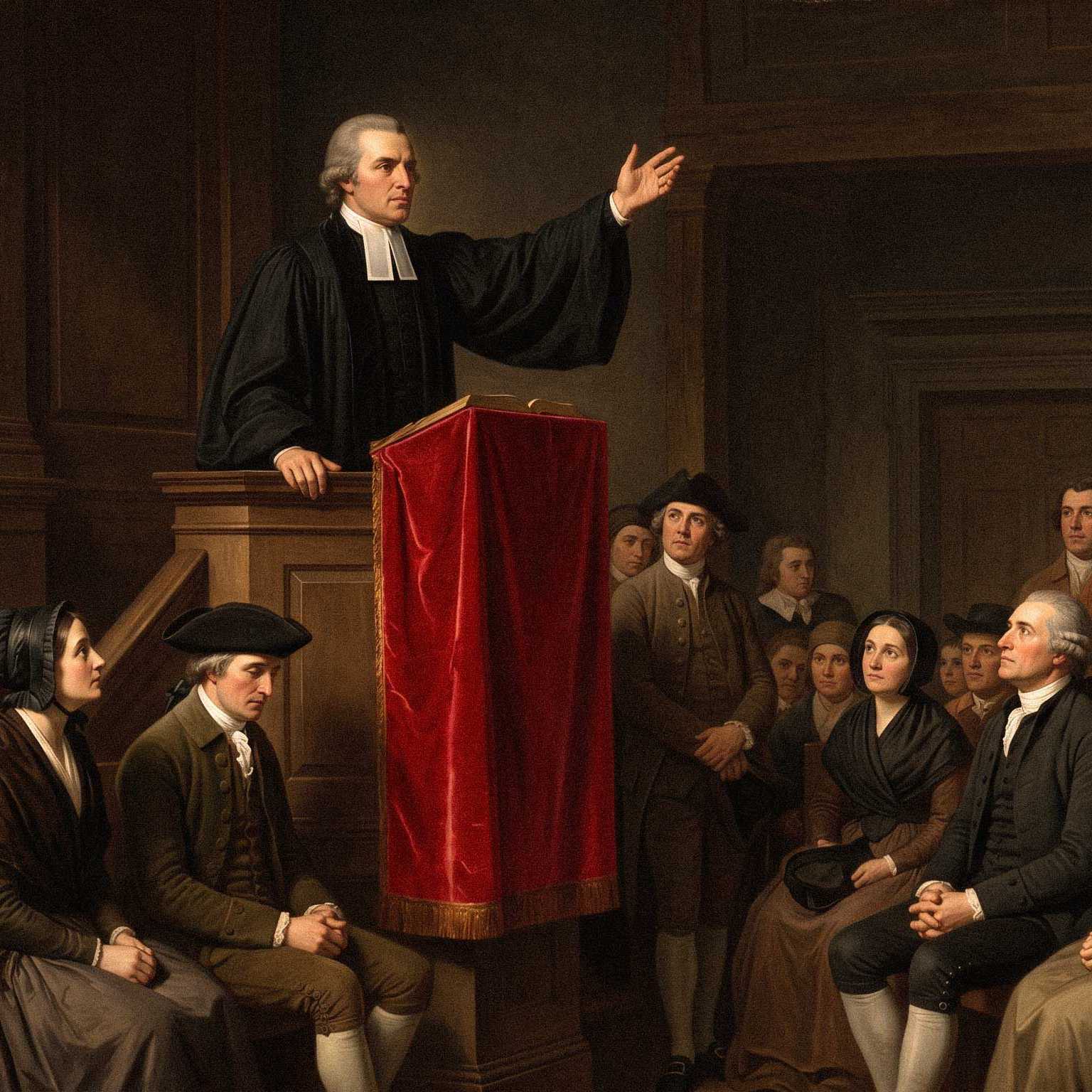 Historic preaching to a crowded church in painted style