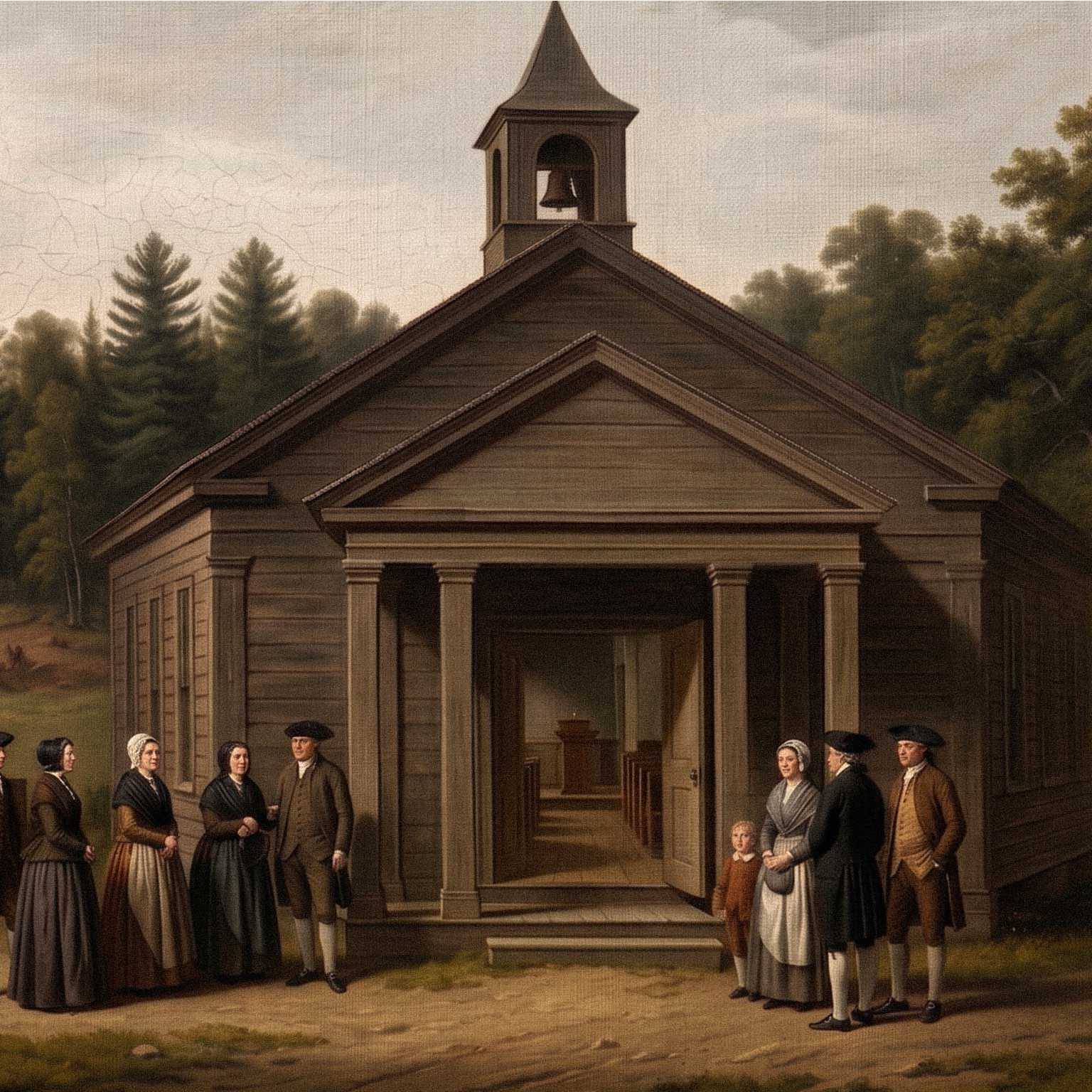 Congregants gathered outsided historic one-room church in painted style