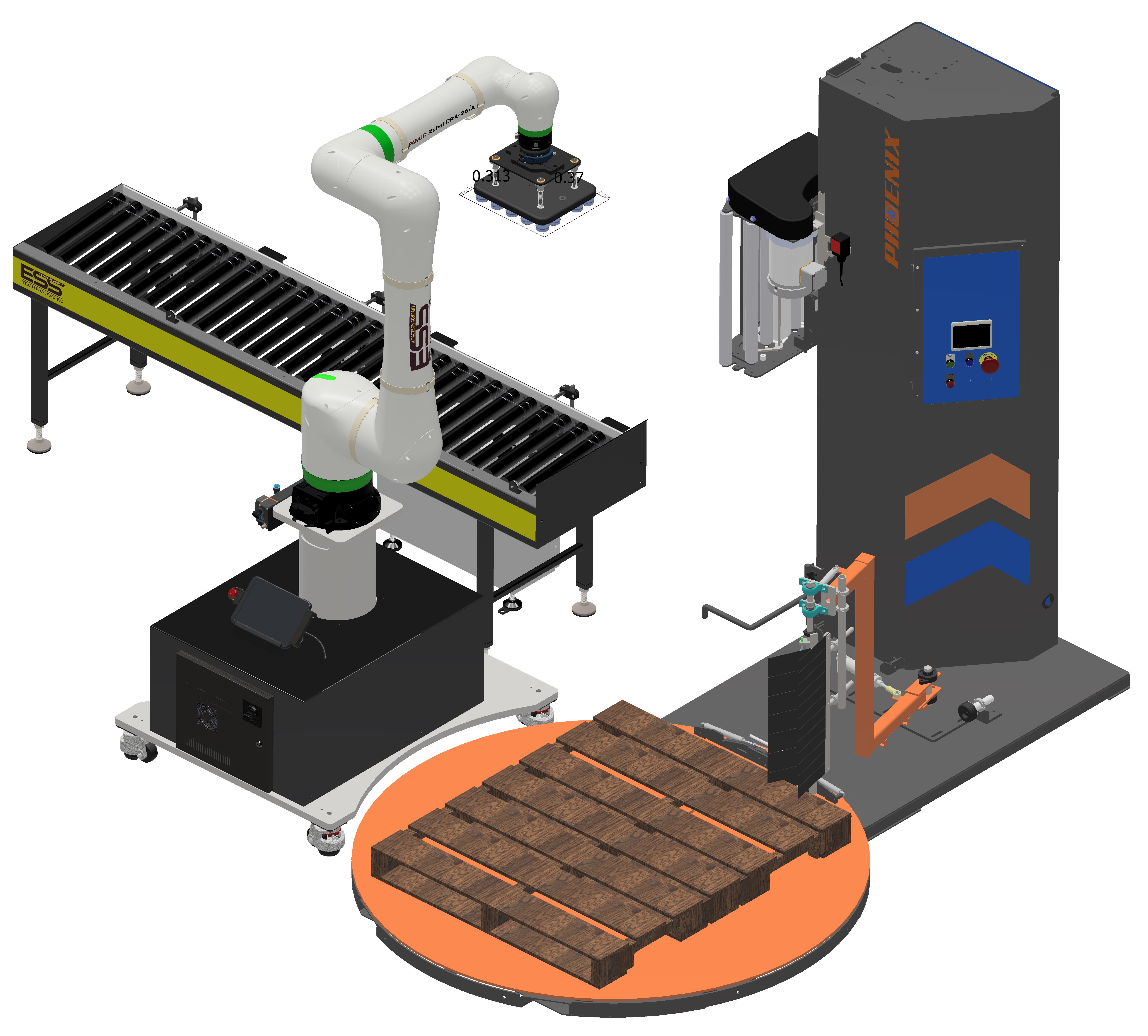 Pacteon FANUC CRX Cobot Palletizer Wrapper Roller Conveyor
