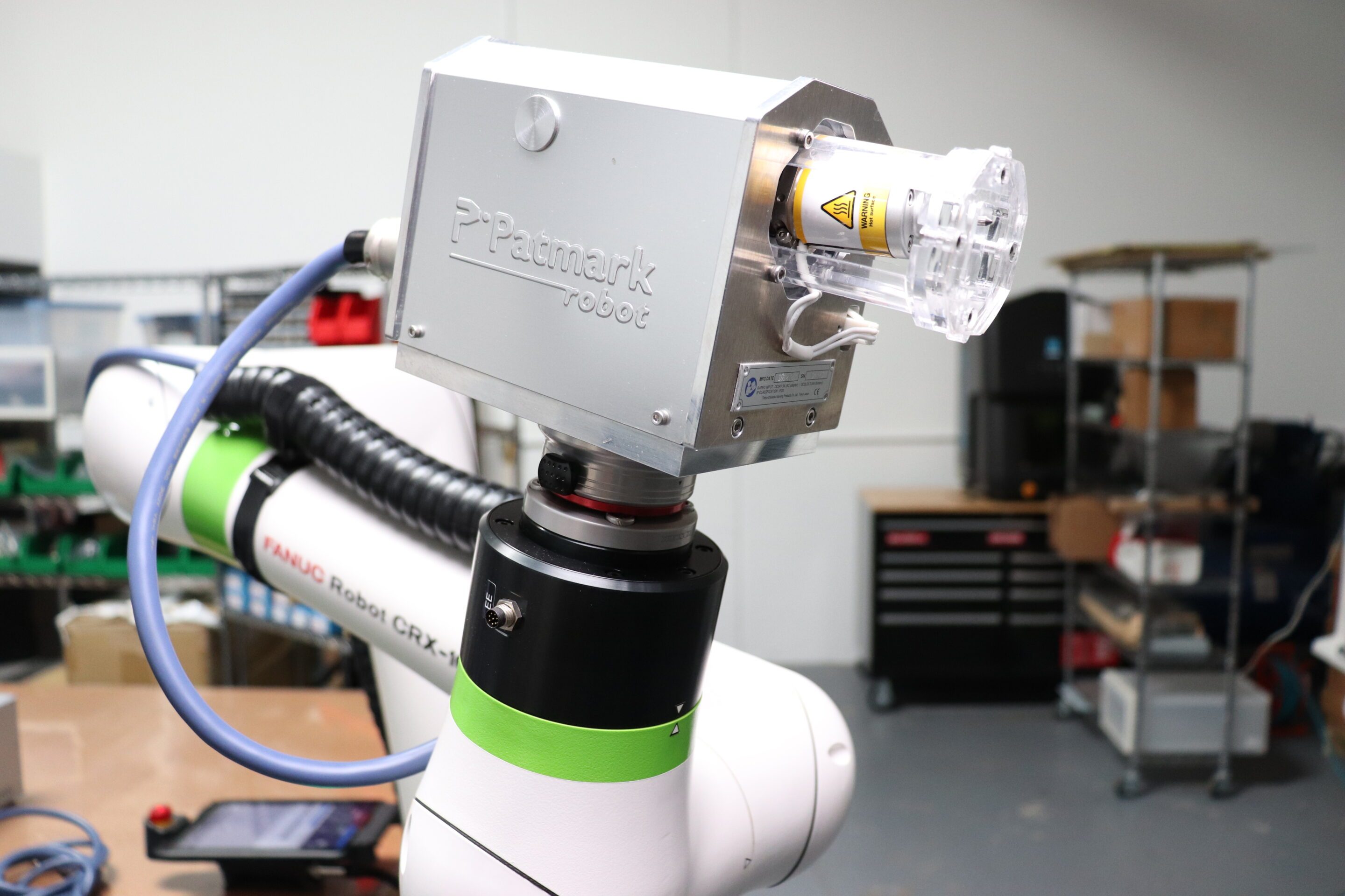 Front Facing Tocho Patmark-auto Dot Peen Marker EOAT on FANUC CRX Cobot