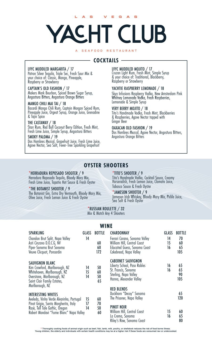 yacht club las vegas menu