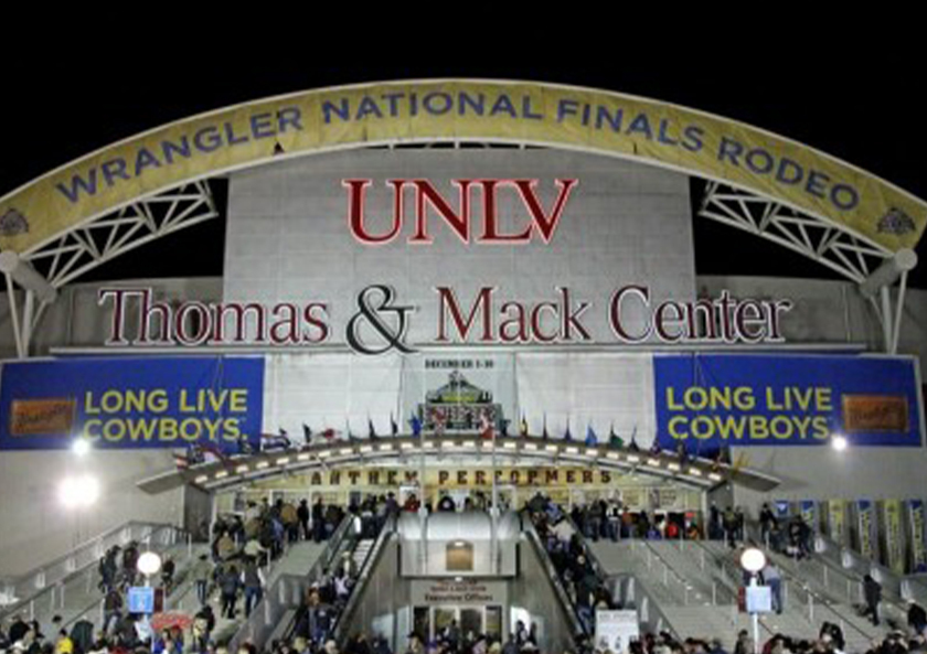 Image of Thomas & Mack Center with Wrangler Rodeo Banner Above