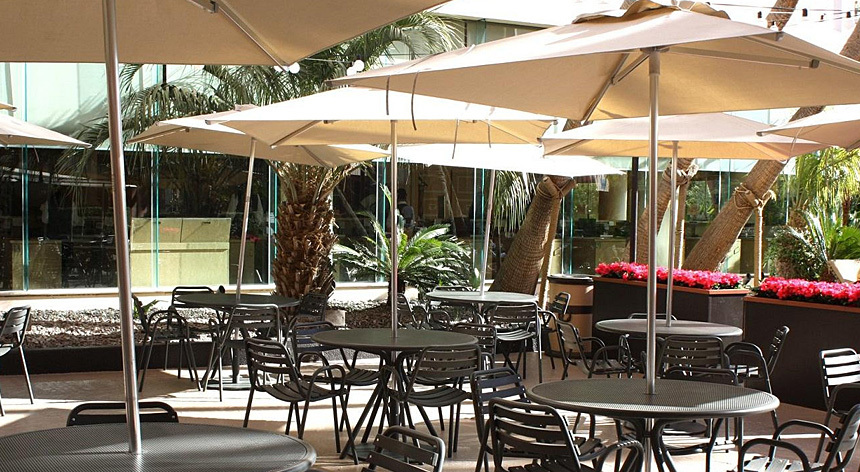 Coffee Shop patio with umbrellas