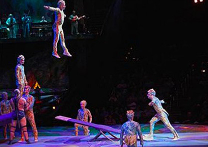 Mystere performers on the ground and in air.