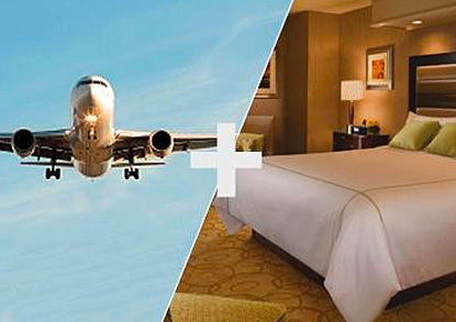 two images one of an airplane and the other is an empty hotel room