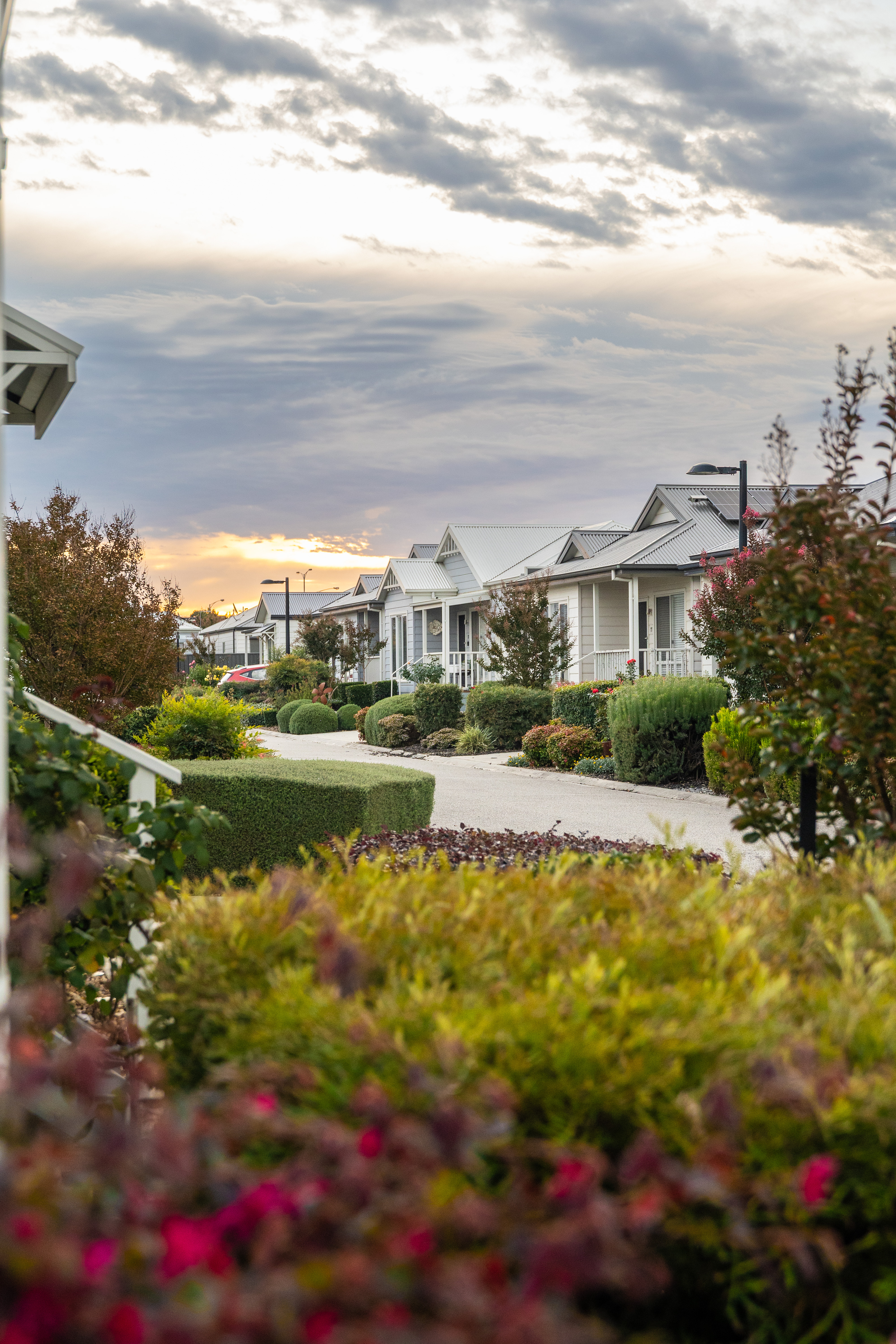 Landscaped pathway and modern homes at Lifestyle Communities Berwick Waters, surrounded by manicured gardens and greenery beneath a dramatic cloudy sky.