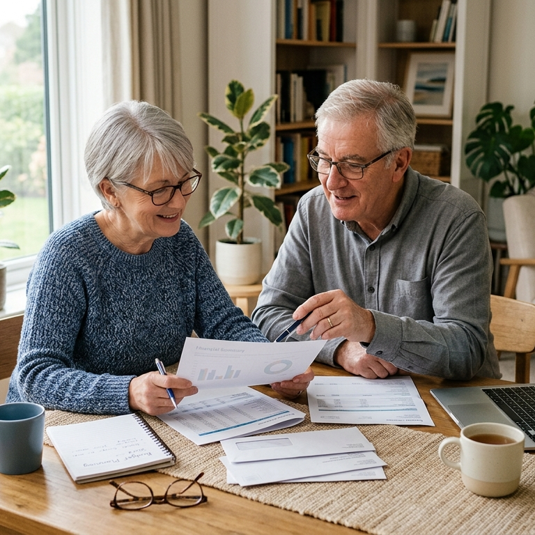 People going through bills and paperwork together during financial planning