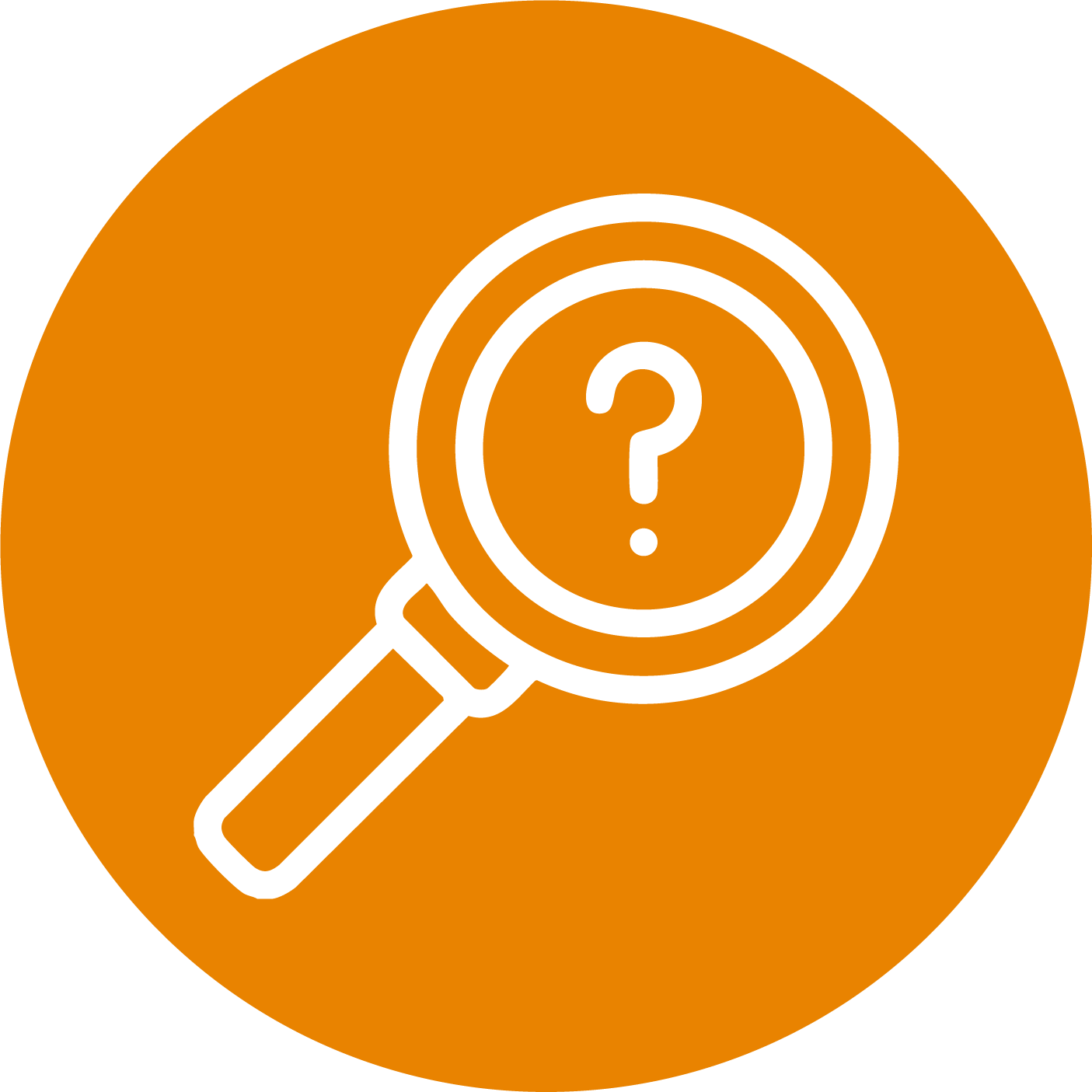 Orange circular icon with a magnifying glass and question mark representing curiosity and discovery.