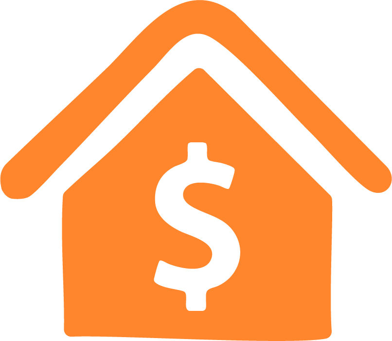 Orange house icon with a dollar sign representing financial freedom through downsizing.