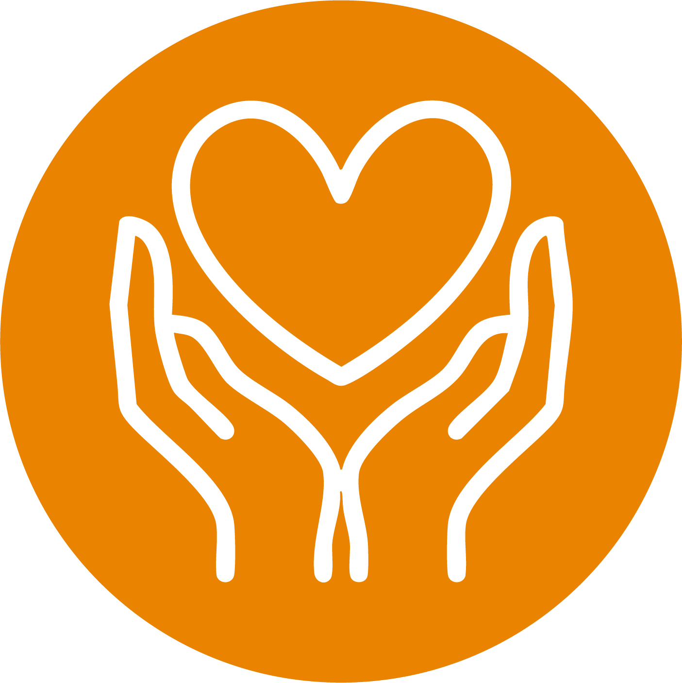 Orange circular icon with hands holding a heart representing care and compassion.