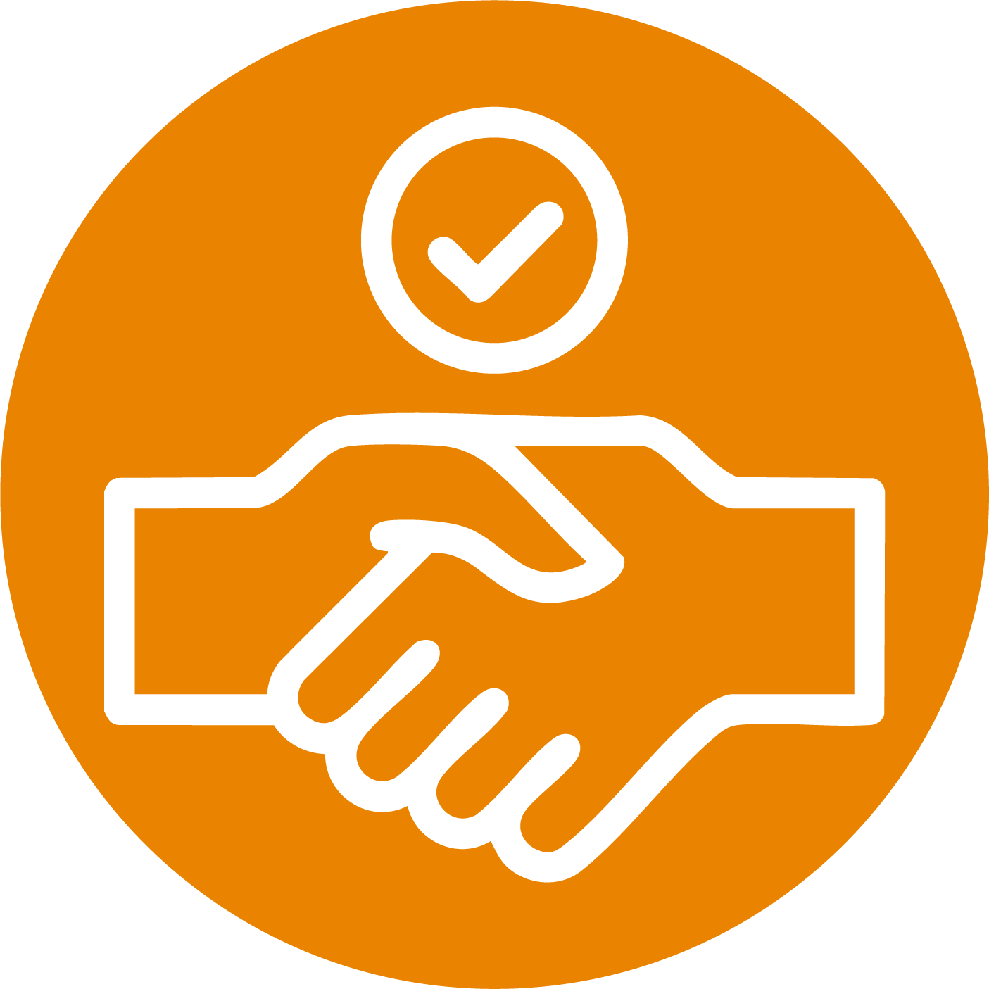 Orange circular icon showing a handshake with a checkmark representing trust and accountability.