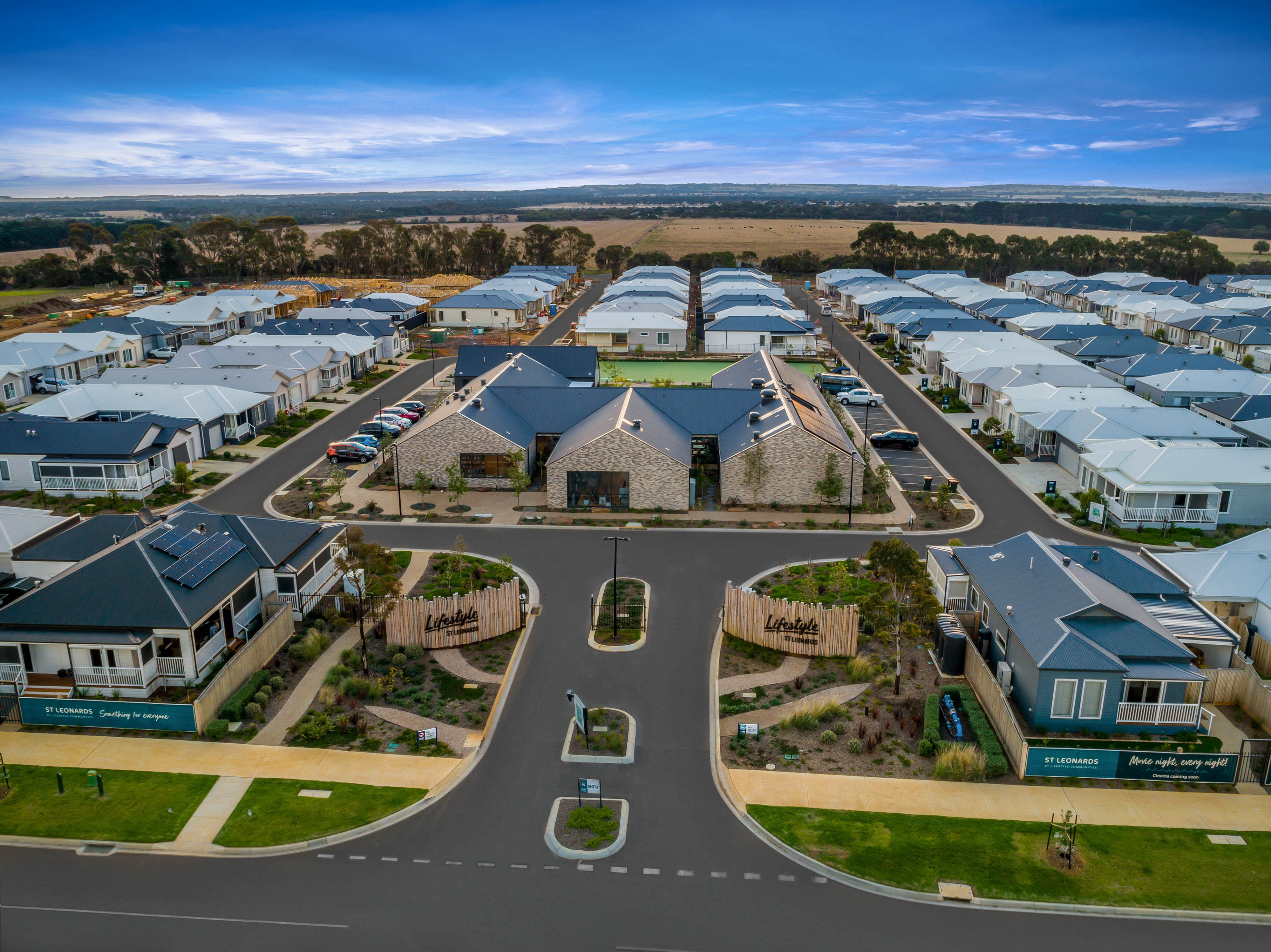 Aerial view of Lifestyle St Leonards community with clubhouse, homes, and landscaped streets.
