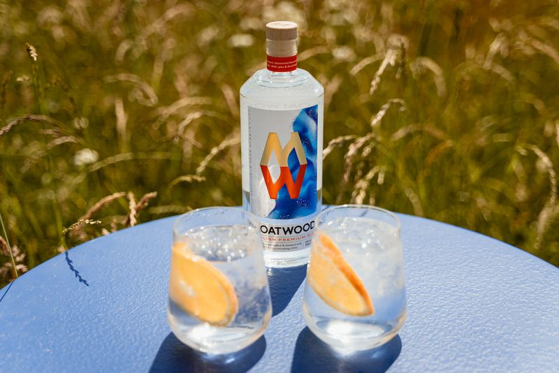 Oatwood gin bottle with two glasses of gin and tonic garnished with orange slices on a blue table outdoors.