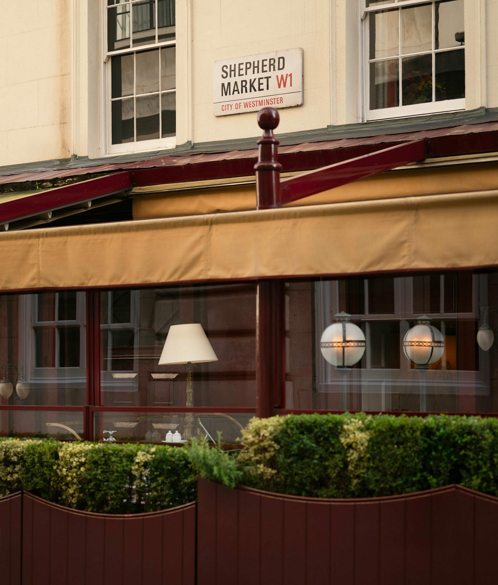 A cropped café view of Shepherd Market, London