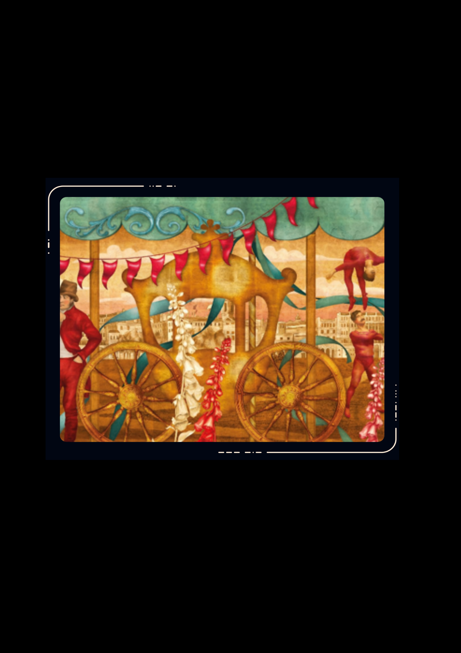 Illustrated scene with a golden wooden cart, large spoked wheels, red and white bunting, teal canopy, figures in red, warm orange and teal tones.