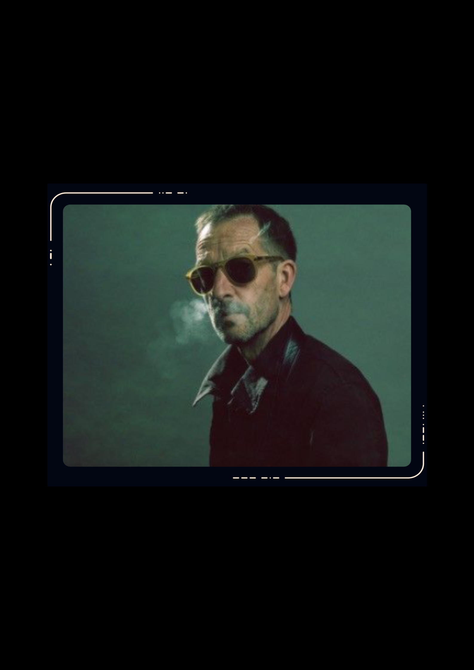Man wearing sunglasses and a dark red jacket, smoking, against a teal background, displayed within a dark rounded screen frame.