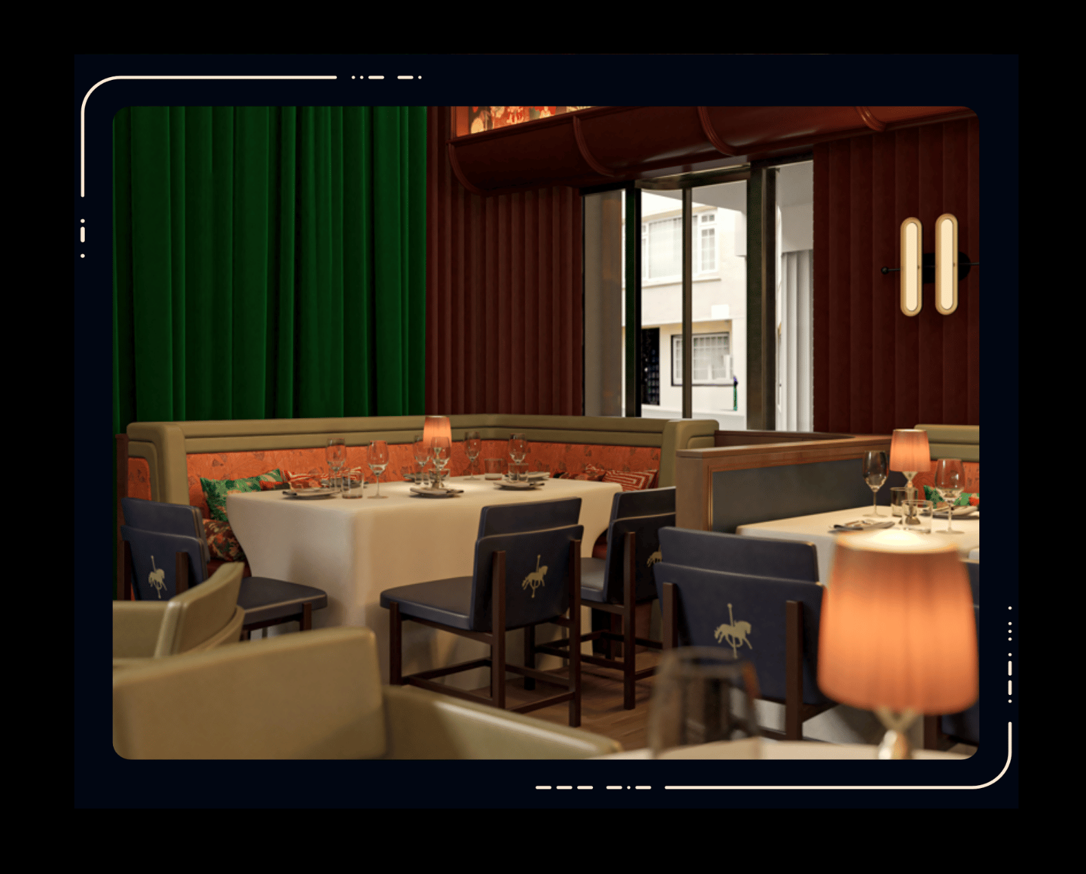 Restaurant interior with white-clothed tables, navy blue chairs, green curtains, red-brown walls, and warm lamp lighting.