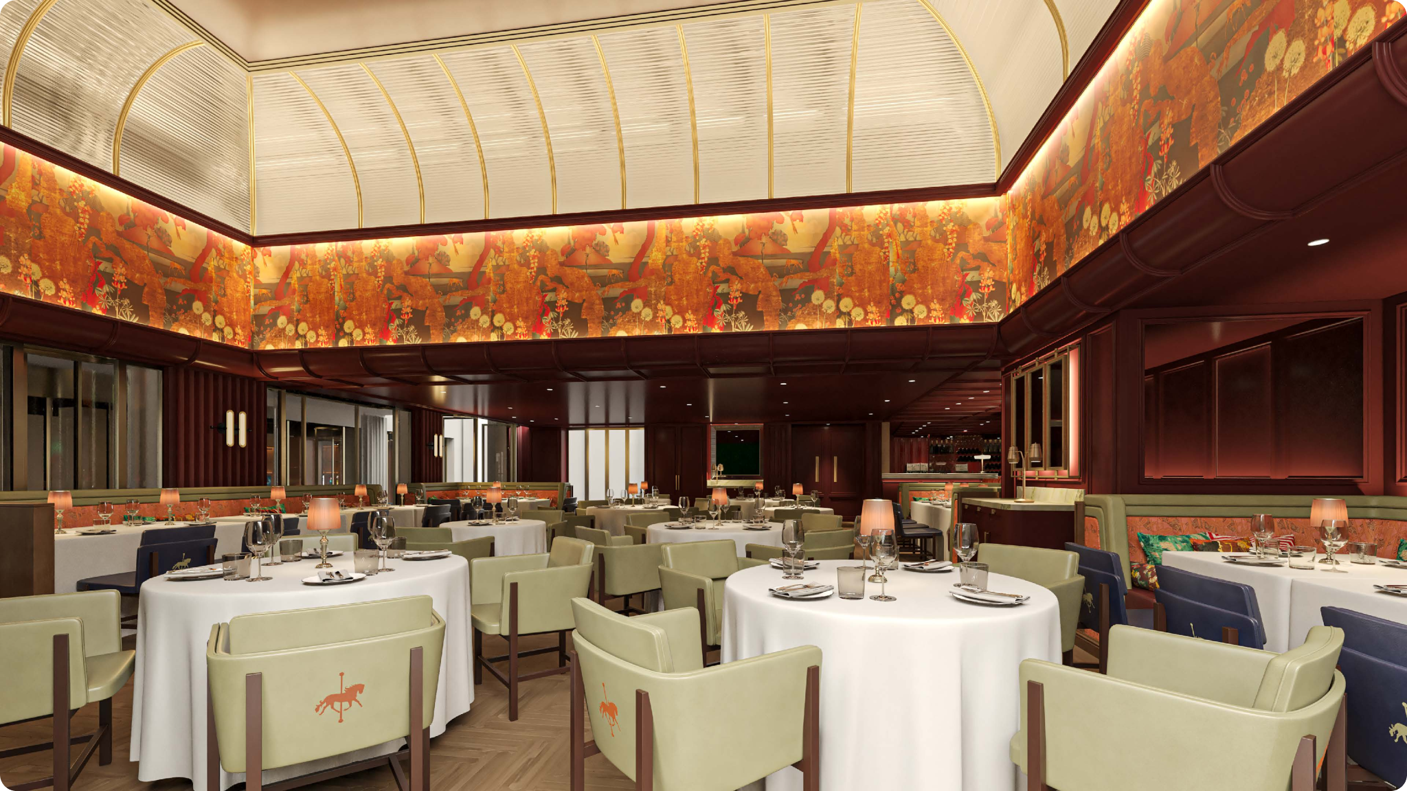 Elegant dining room with white-clothed round tables, cream chairs, dark wood panelling, and a large amber-toned mural frieze beneath a vaulted ceiling.