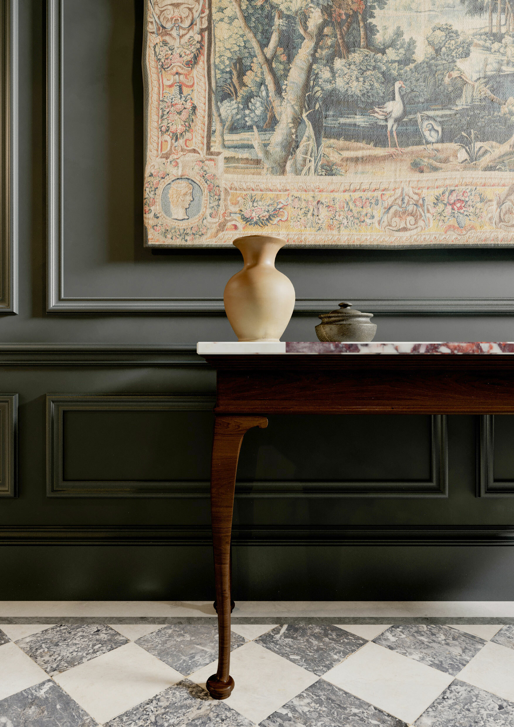 Close up of hotel lobby table with jug and tapestry section.