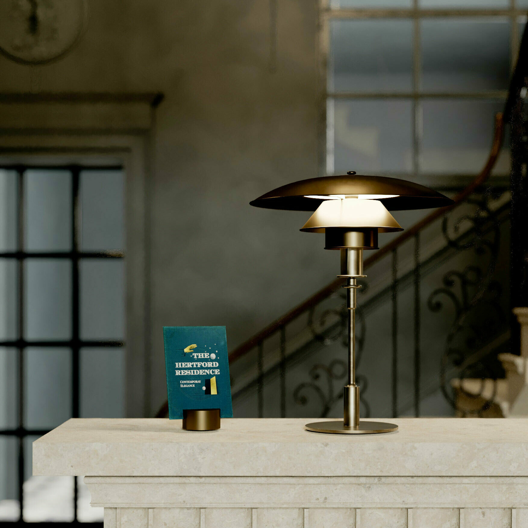 CGI close up of hotel welcome desk.