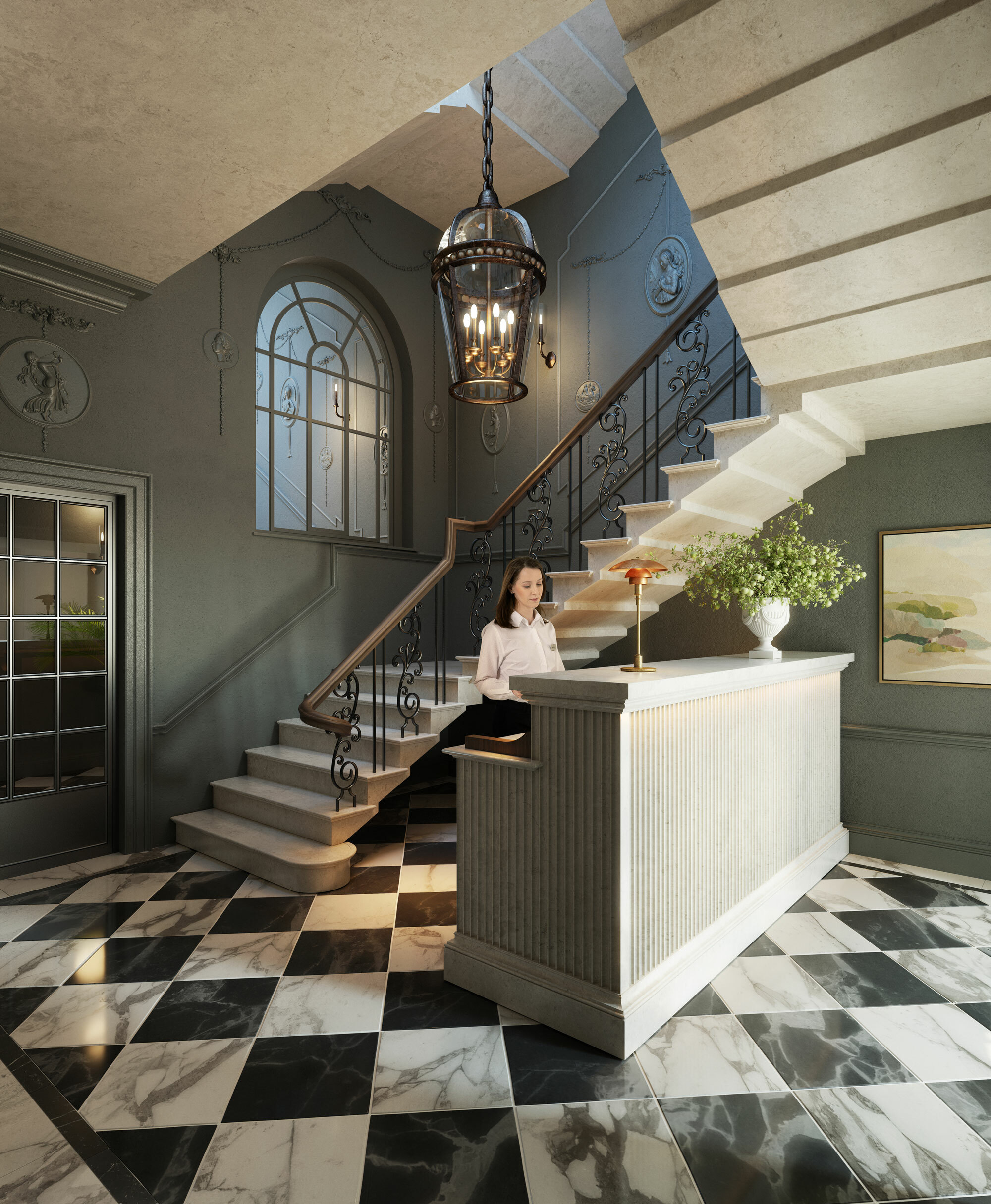 CGI of hotel lobby with grand staircase, tiled floor, welcome desk and ceiling light feature.
