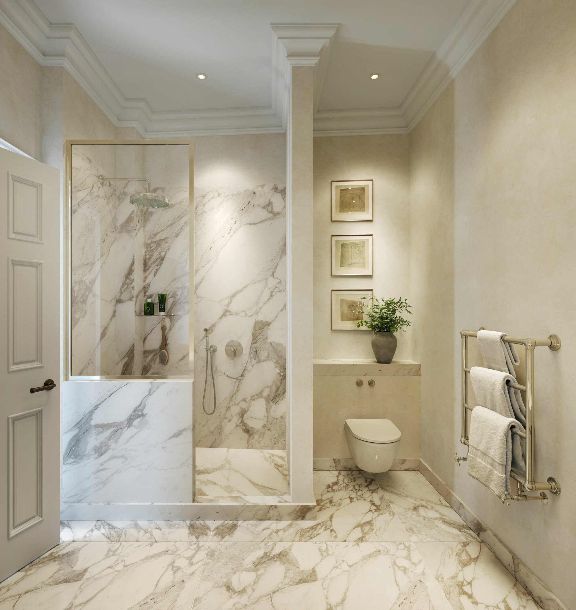 Modern bathroom with walk in shower, toilet and heated towel rail.