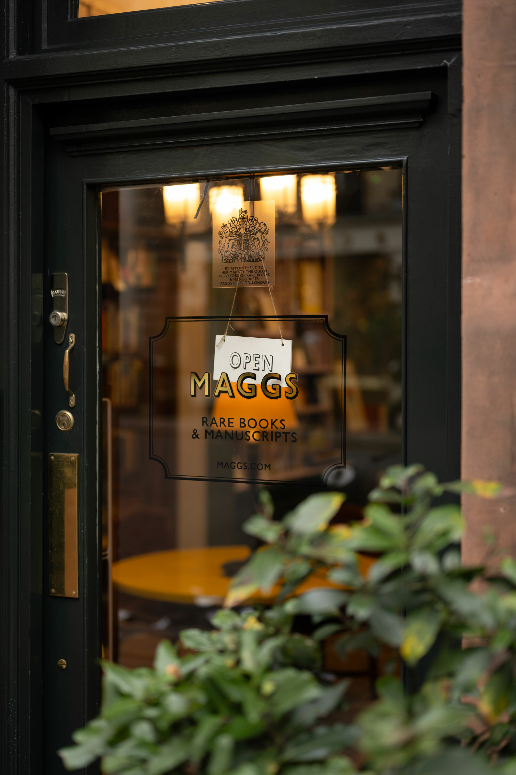 Close up door view of Maggs bookshop.