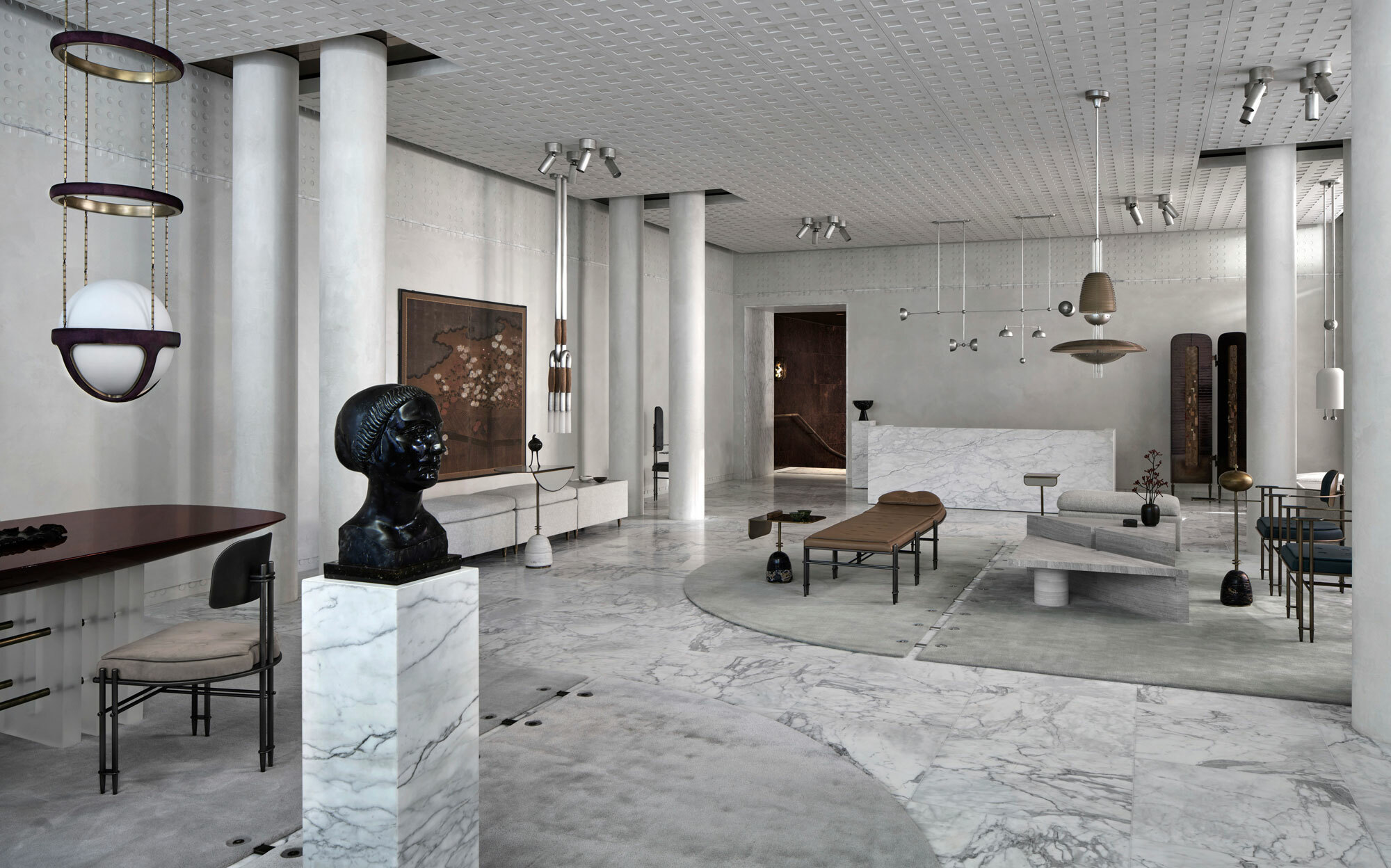 A grand and modern interior with tiled floor, furniture, sculpture and light fittings